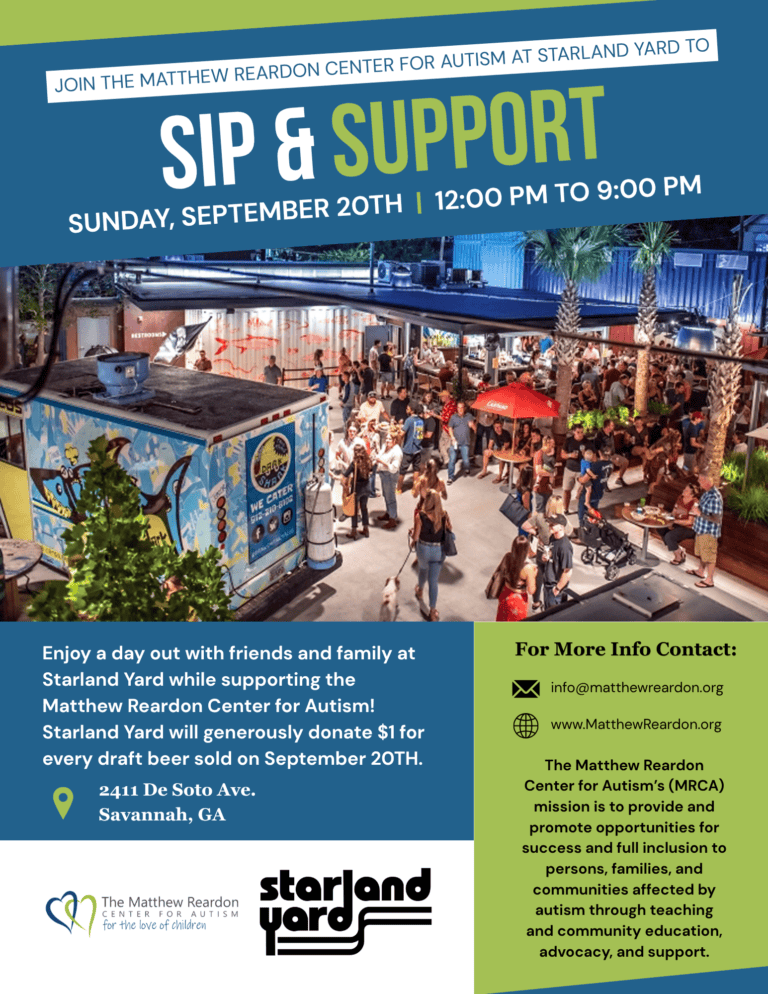 Flyer with blue, green, and white colors promoting Sunday September 20th fundraiser with picture of Starland Yard - people drinking arounf food trucks and the bar