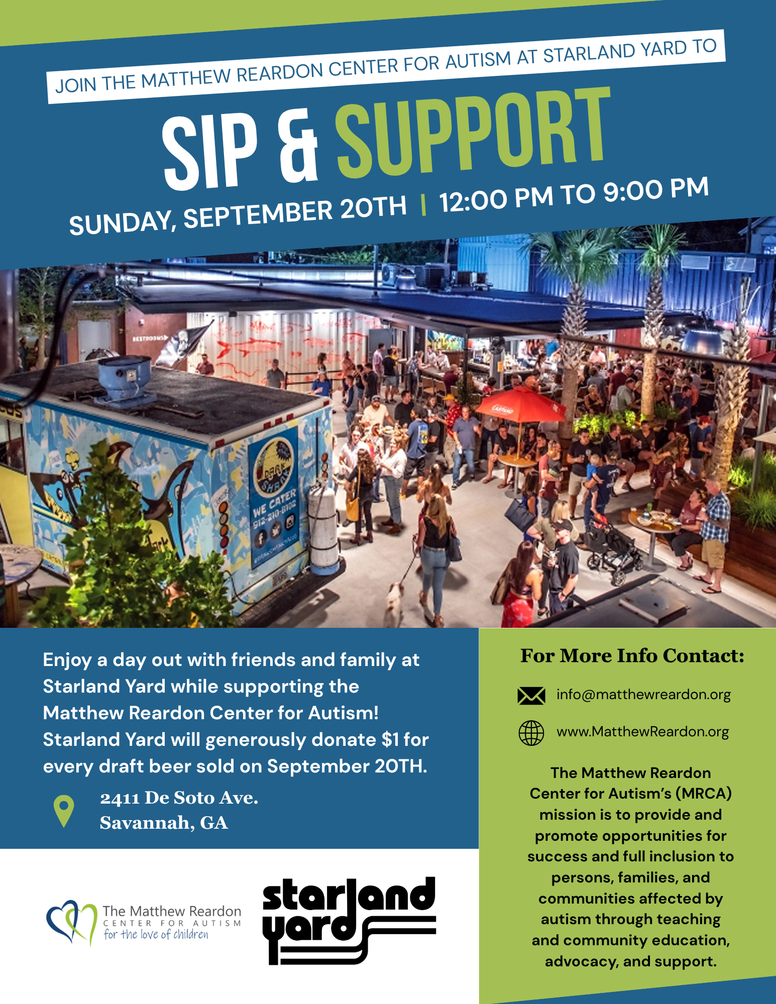 Flyer with blue, green, and white colors promoting Sunday September 20th fundraiser with picture of Starland Yard - people drinking arounf food trucks and the bar